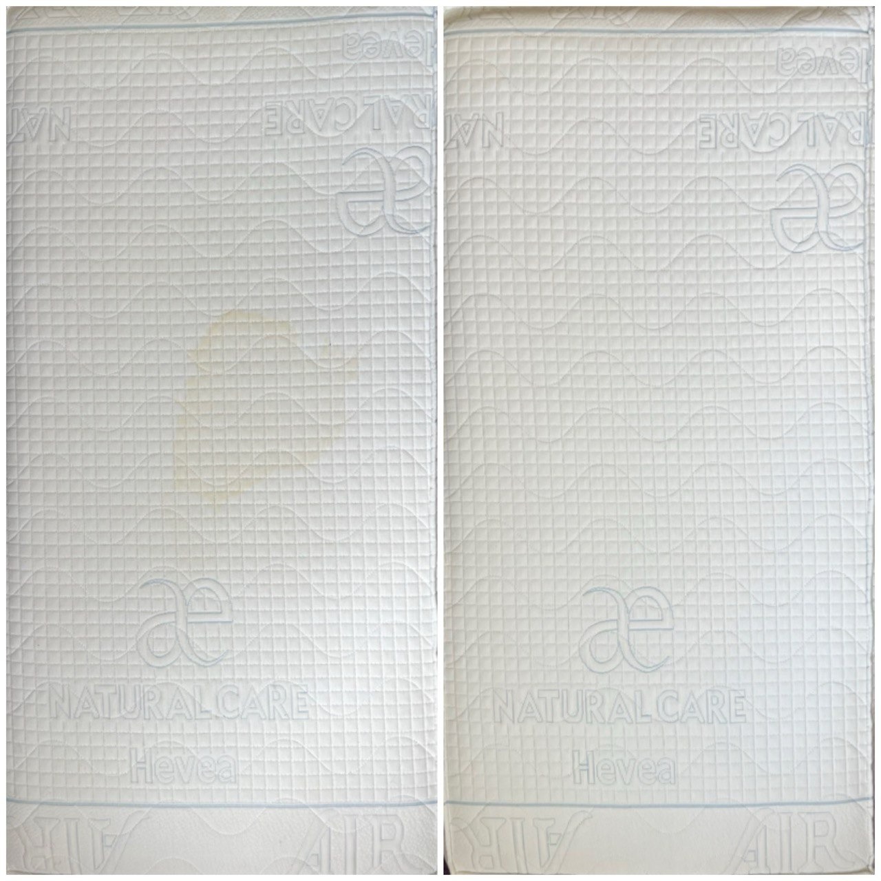 Materac przed i po czyszczeniu, widoczna wyraźna różnica w usunięciu plamy na białym tle z wzorem kratki.