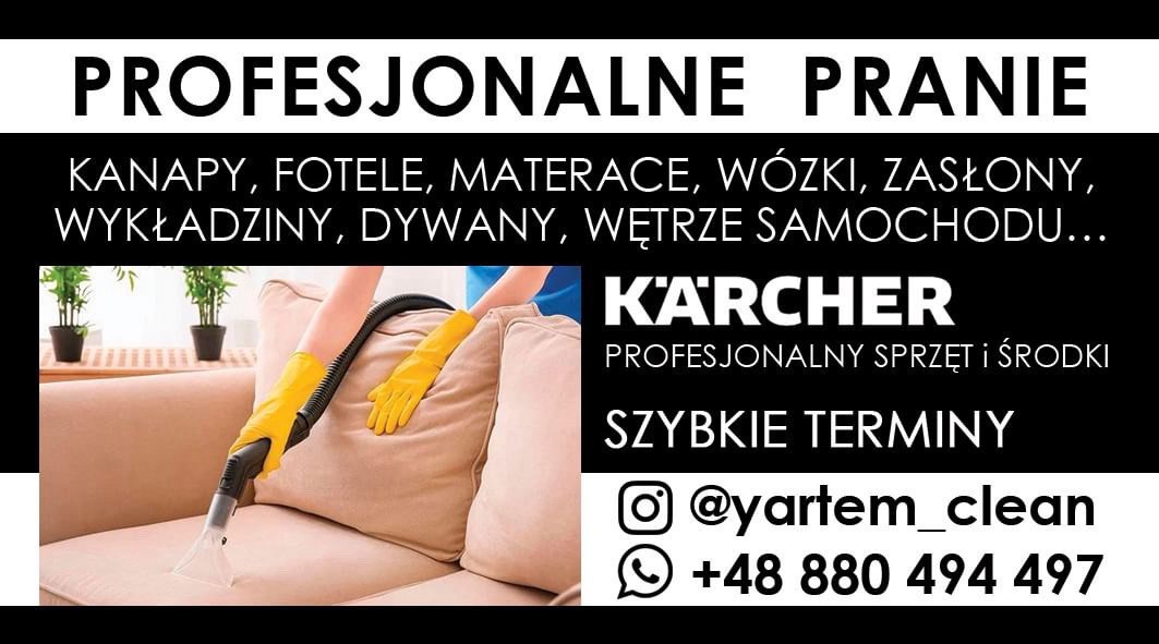 Grafika reklamowa prezentująca osobę w żółtych rękawicach czyszczącą jasną kanapę za pomocą odkurzacza piorącego Karcher, obok widoczne rośliny doniczkowe, logo firmy i dane kontaktowe.