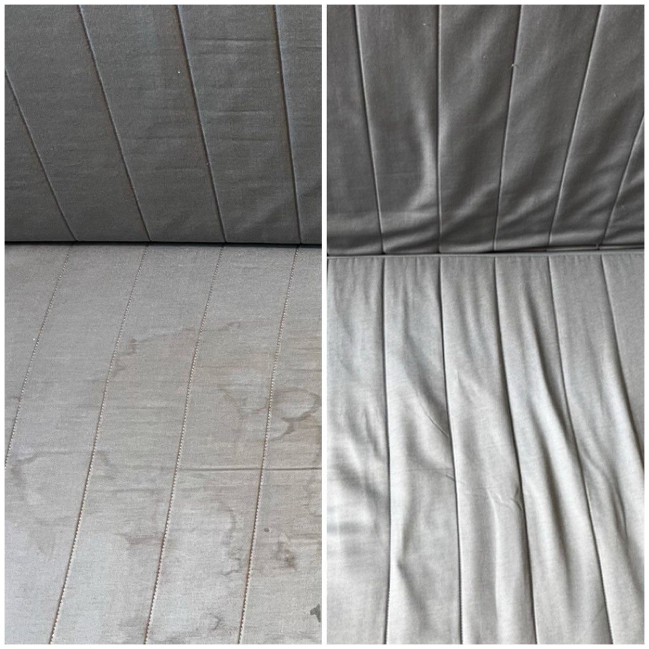 Porównanie: fragment szarej kanapy z widocznymi plamami przed i po czyszczeniu, ukazujący różnicę w kolorze i usunięcie zabrudzeń.