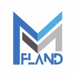 Logo firmy z abstrakcyjnym symbolem litery M w odcieniach niebieskiego, szarego i czarnego, uzupełnionym nazwą 'FLAND' w niebieskiej czcionce.