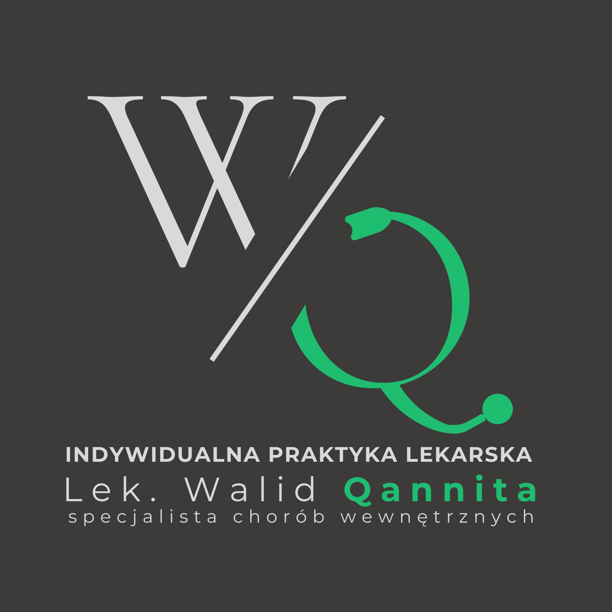 Logo indywidualnej praktyki lekarskiej Lek. Walid Qannita, specjalisty chorób wewnętrznych z Dzierżoniowa, z abstrakcyjnym znakiem graficznym w kolorach szarym i zielonym na ciemnoszarym tle.