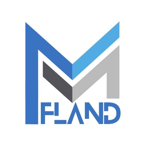 Logo firmy z abstrakcyjnym symbolem litery M w odcieniach niebieskiego, szarego i czarnego, uzupełnionym nazwą 'FLAND' w niebieskiej czcionce.