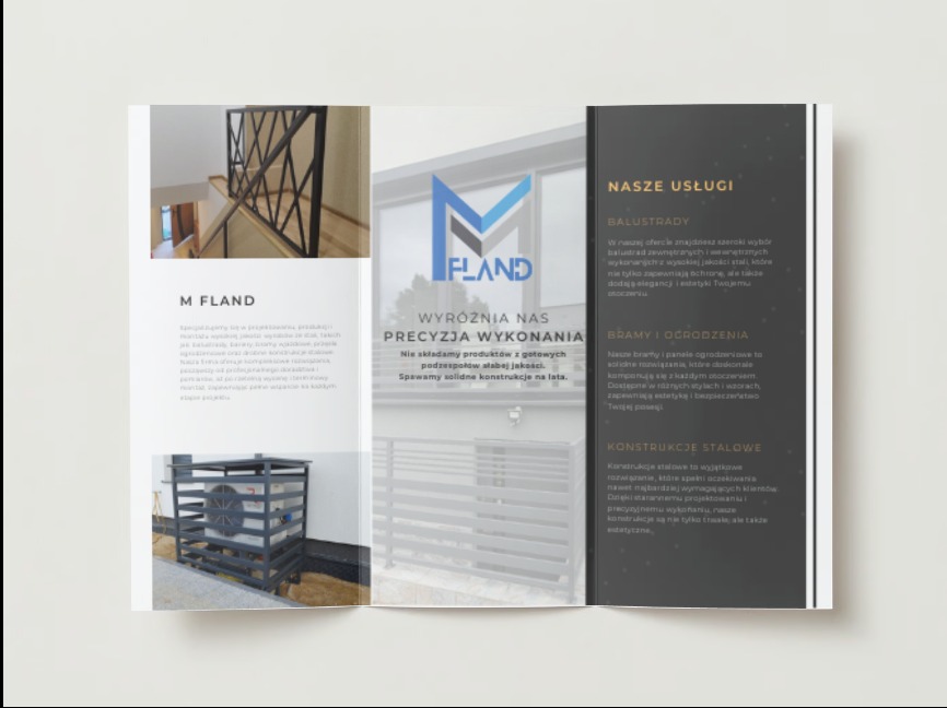 Rozkładana broszura reklamowa firmy M FLAND prezentująca balustrady, bramy, ogrodzenia i konstrukcje stalowe.