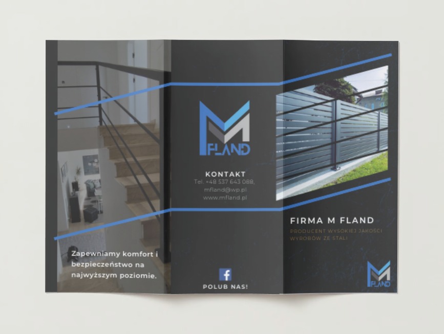 Rozłożona, trójdzielna broszura reklamowa firmy M FLAND, prezentująca zdjęcia balustrady schodowej wewnątrz budynku oraz metalowego ogrodzenia zewnętrznego.