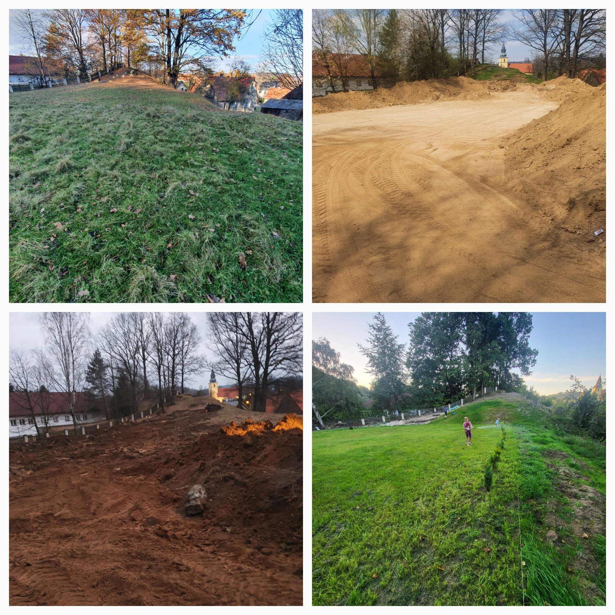 Wybieranie skarp, wymiana gruntu pod budynek, niwelacja terenu, usuwanie korzeni, rozsypywanie humusu i sianie trawy .