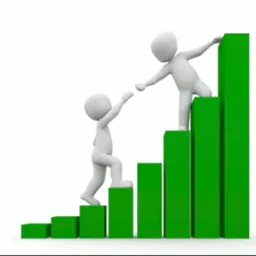 Stylizowana grafika przedstawia dwie białe figurki wspinające się po zielonym wykresie słupkowym; jedna figurka wyciąga rękę, by pomóc drugiej we wspinaczce.