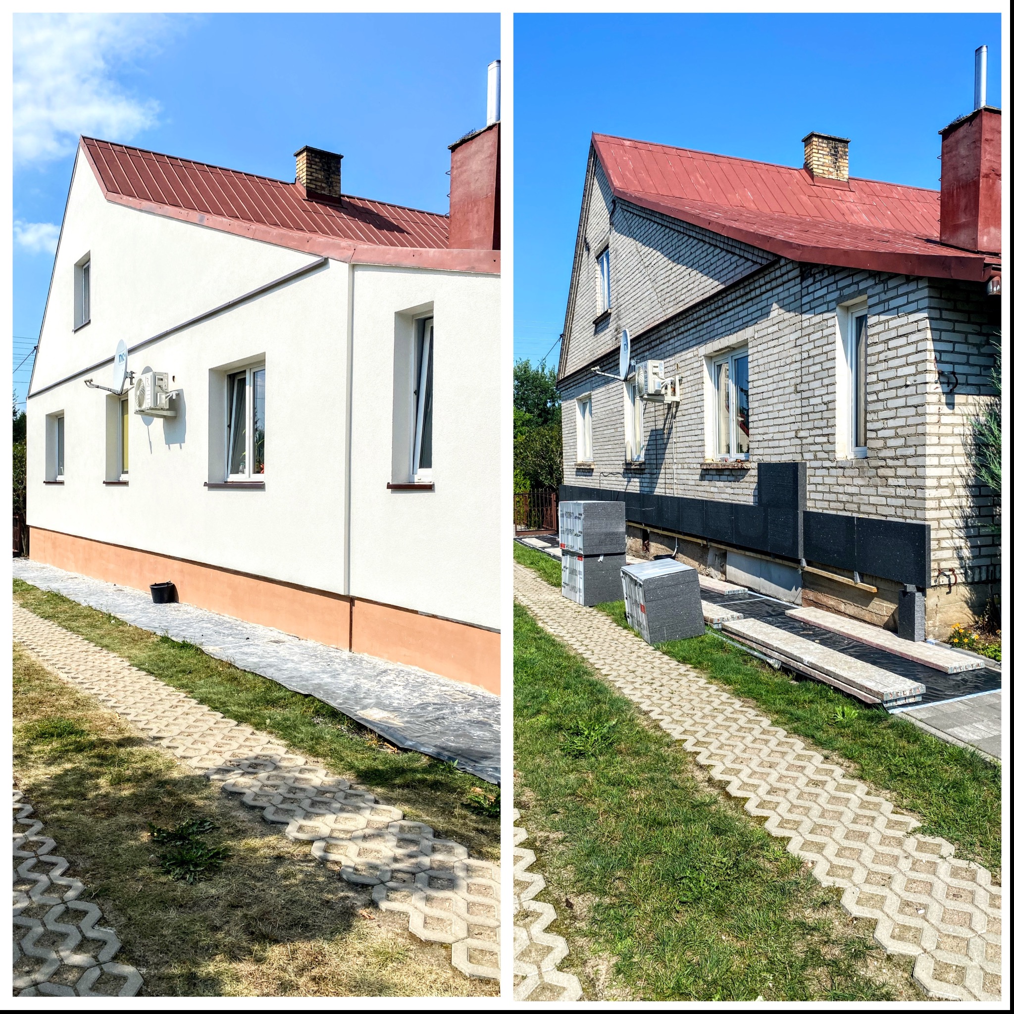 Porównanie dwóch elewacji domu: ocieplona i pomalowana na biało z pomarańczowym cokołem oraz surowa elewacja z cegły z widocznym etapem przygotowania do ocieplenia, stos czarnych płyt izolacyjnych...