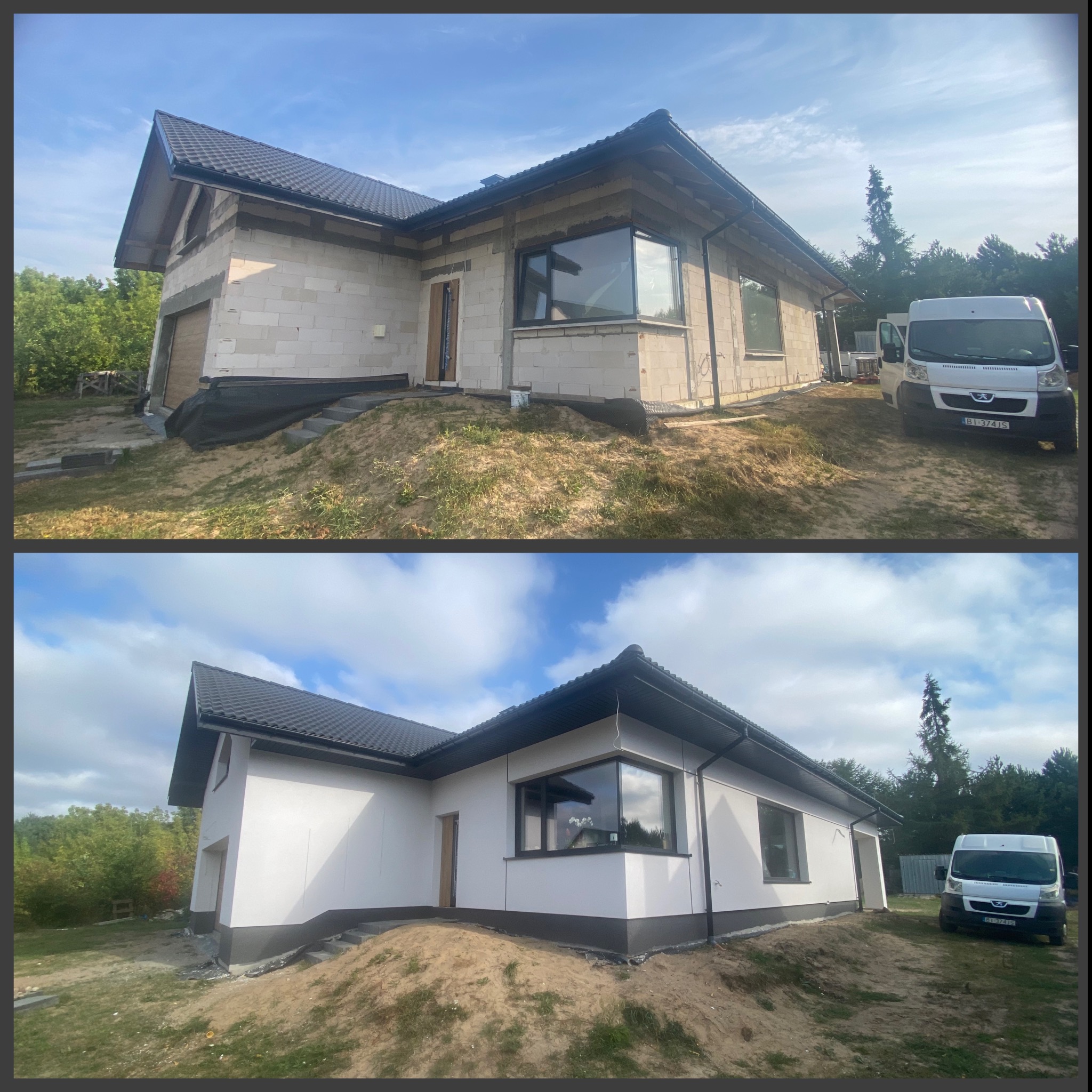 Dom jednorodzinny: stan surowy i po ociepleniu. Widoczna biała elewacja, czarna podmurówka i dachówka. Na podwórku stoi biały bus. Zdjęcie typu 'przed i po'.