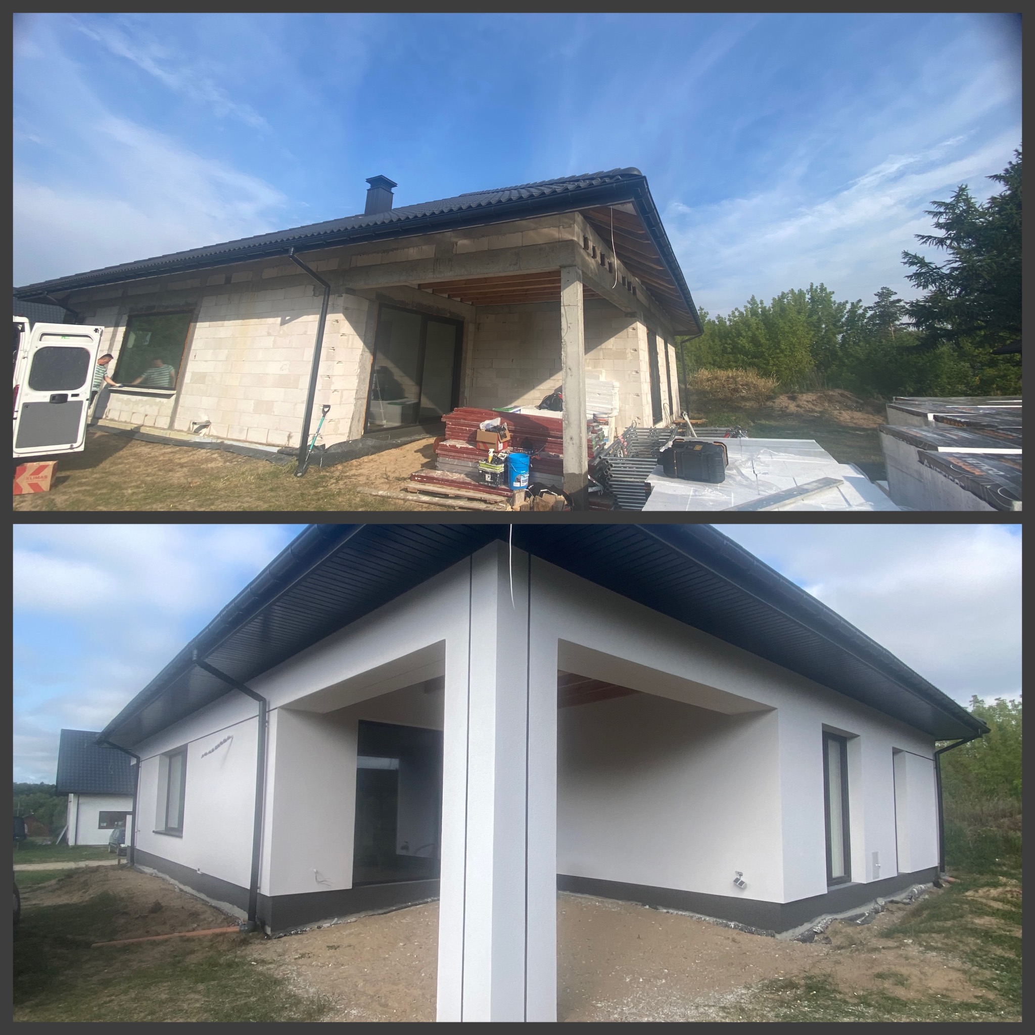Zdjęcie 'przed i po' prezentujące metamorfozę elewacji domu: od surowego stanu z bloczków do wykończonej, białej elewacji z ciemną podmurówką i stolarką okienną.