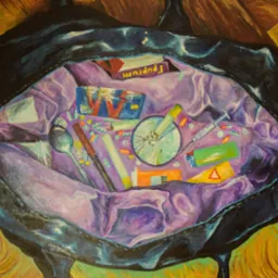 Mroczna wizja w malarstwie: ekspresyjna kompozycja z elementami niepokoju, w tym strzykawki i pigułki, wszystko w otwartej torbie na tle abstrakcyjnym.