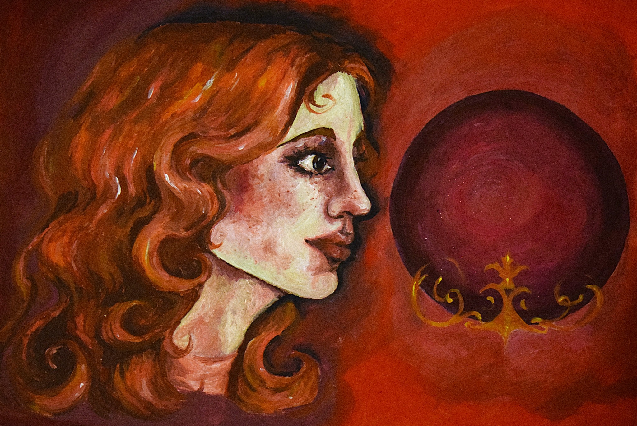 Portret kobiety z rudymi, kręconymi włosami, namalowany akrylami w odcieniach czerwieni i brązu, z abstrakcyjnym, okrągłym elementem z ornamentem w tle.