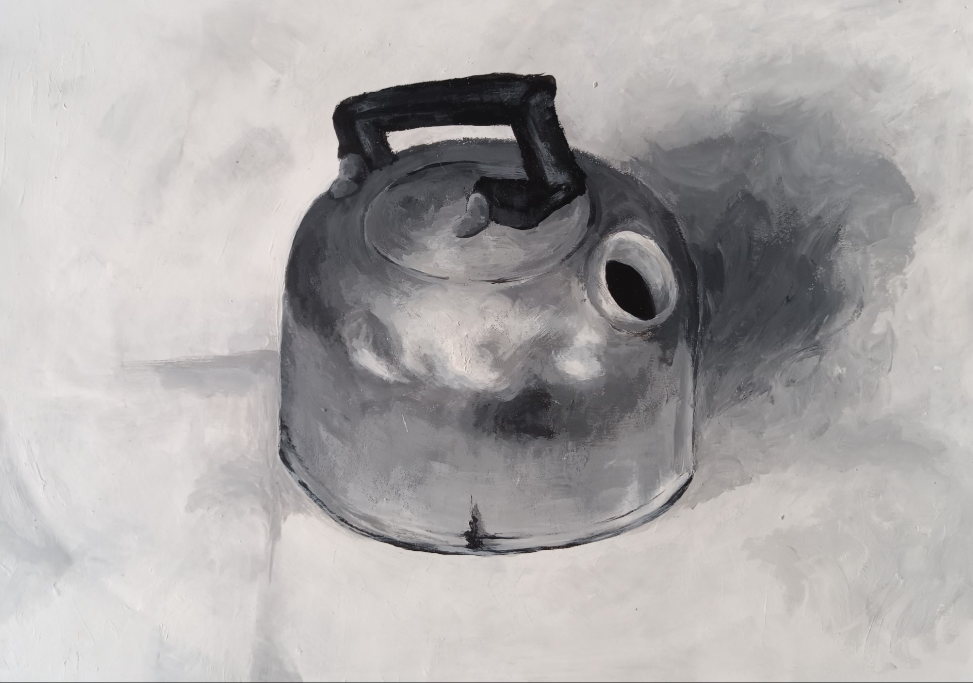 Monochromatyczny obraz czajnika namalowany farbami akrylowymi, z widoczną fakturą pędzla i uproszczoną formą, na jasnym tle.