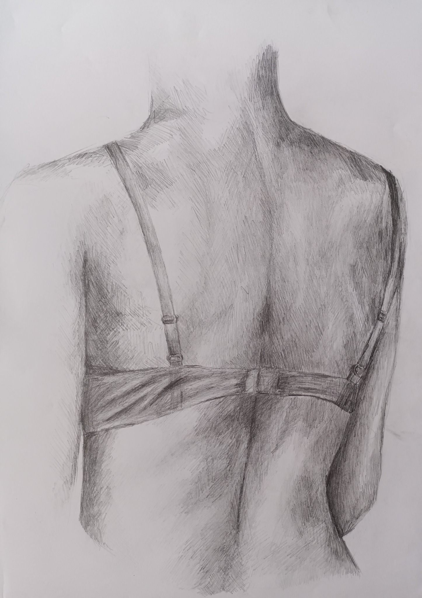 Szkic ołówkiem przedstawiający plecy kobiety z widocznymi ramiączkami biustonosza, wykonany z dbałością o cieniowanie i detale anatomiczne.