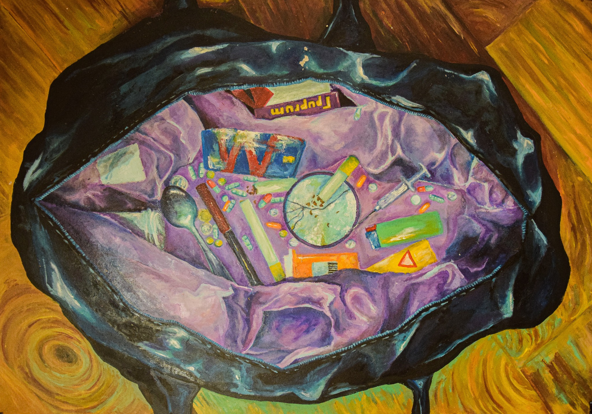 Mroczna wizja w malarstwie: ekspresyjna kompozycja z elementami niepokoju, w tym strzykawki i pigułki, wszystko w otwartej torbie na tle abstrakcyjnym.