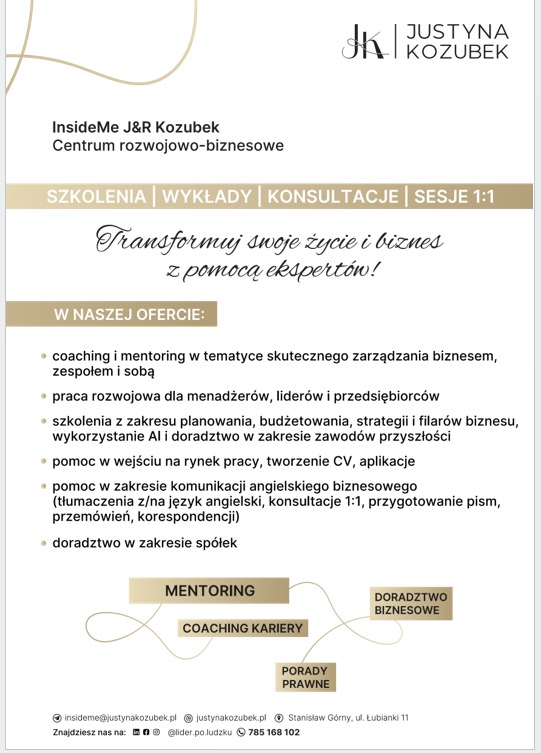 Plakat reklamowy centrum rozwojowo-biznesowego InsideMe J&R Kozubek, oferującego szkolenia, wykłady, konsultacje i sesje 1:1 z zakresu coachingu, mentoringu, planowania biznesowego, doradztwa...