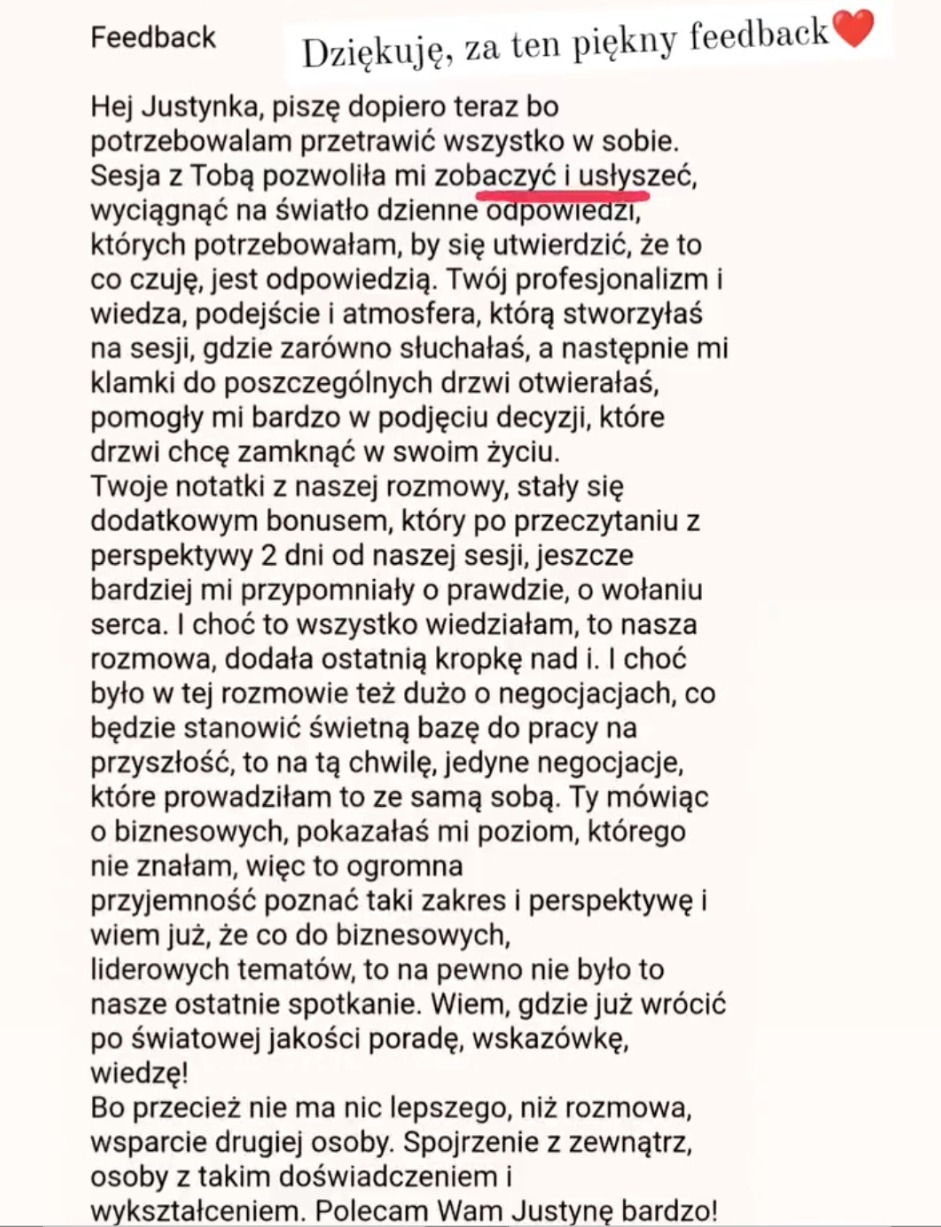 Tekst z podziękowaniem za profesjonalne wsparcie i doradztwo biznesowe, podkreślający wpływ sesji na zrozumienie perspektyw biznesowych i osobistych.