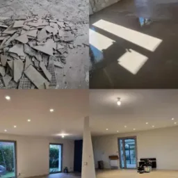 Czteropanelowe ujęcie remontu: usunięte płytki, przygotowana ściana z instalacją, wylany podkład, pokój po remoncie z panelami podłogowymi i oświetleniem punktowym.