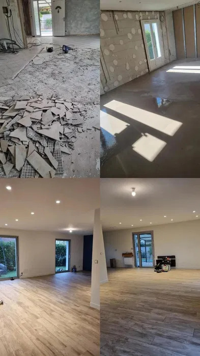 Czteropanelowe ujęcie remontu: usunięte płytki, przygotowana ściana z instalacją, wylany podkład, pokój po remoncie z panelami podłogowymi i oświetleniem punktowym.