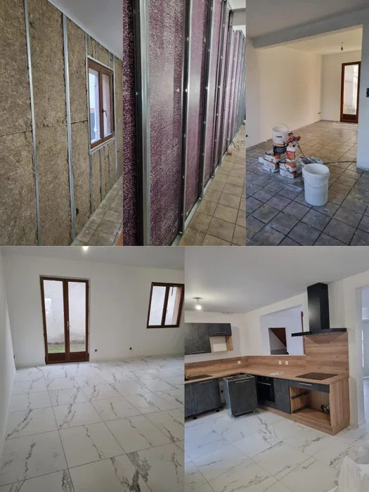 Cztery ujęcia wnętrza w trakcie remontu: izolacja ścian wełną mineralną na stelażu, przygotowanie do malowania z wiadrami farby, puste pomieszczenie z marmurową podłogą i nowe meble kuchenne...