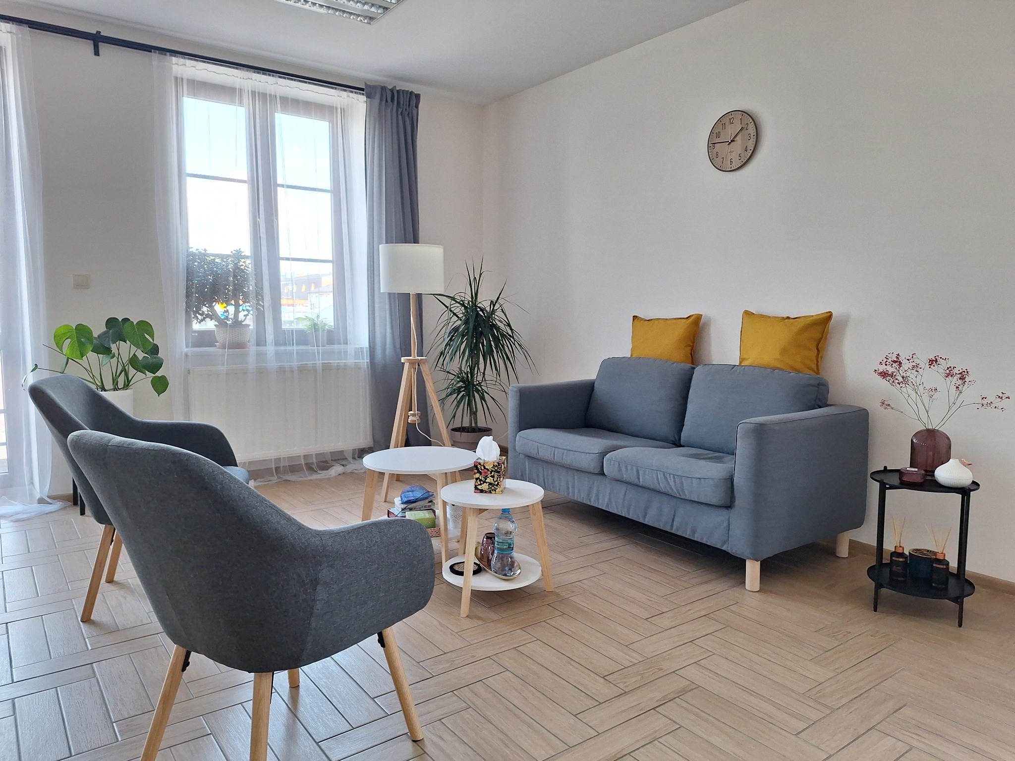 Jasne wnętrze gabinetu z szarą sofą, fotelami, stolikami, lampą stojącą i roślinami doniczkowymi, zegar na ścianie, parkiet ułożony w jodełkę.