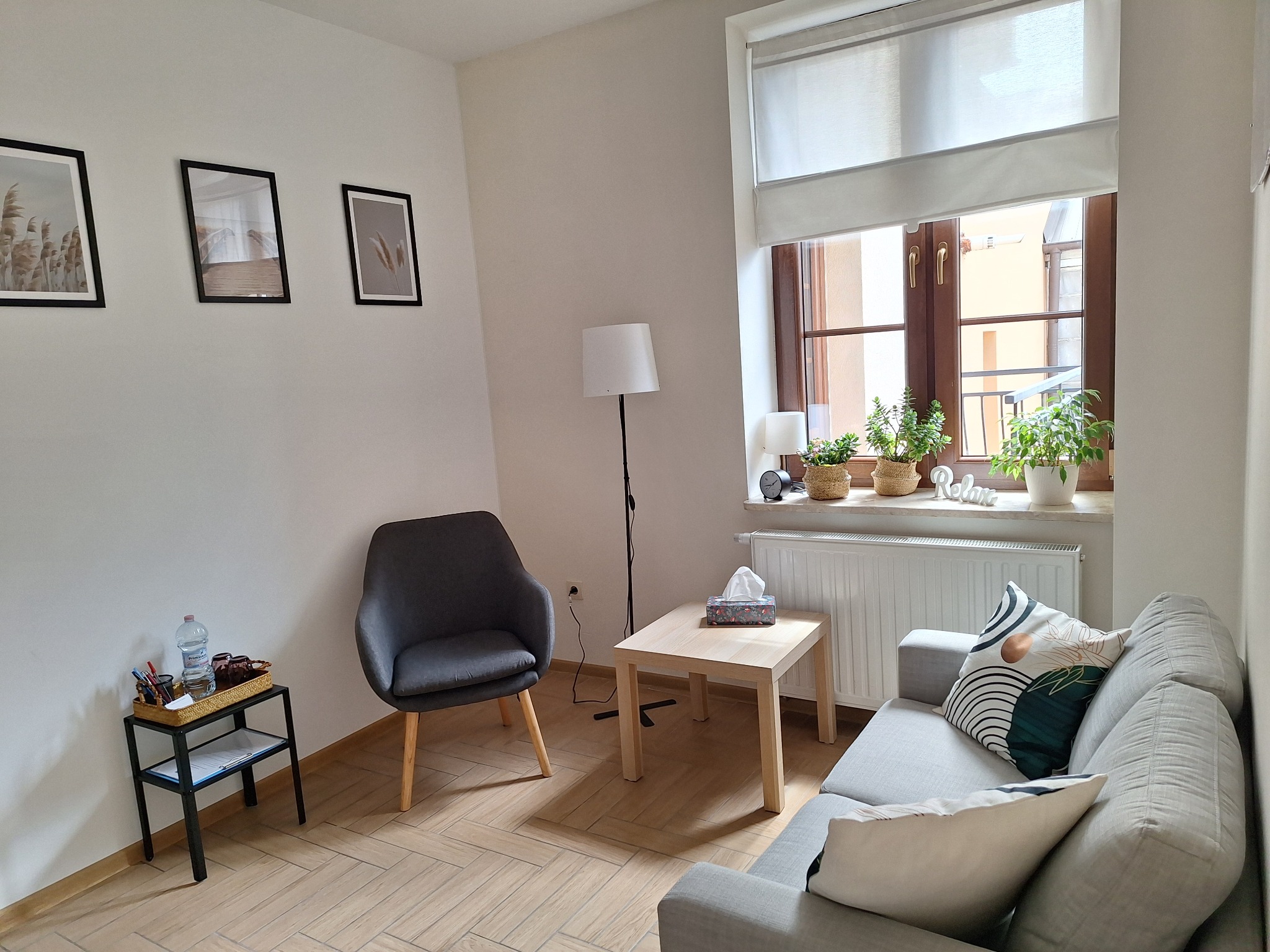 Jasne wnętrze gabinetu terapeutycznego z szarą sofą, fotelem, drewnianym stolikiem i trzema obrazami na ścianie, z roślinami w doniczkach na parapecie okna.