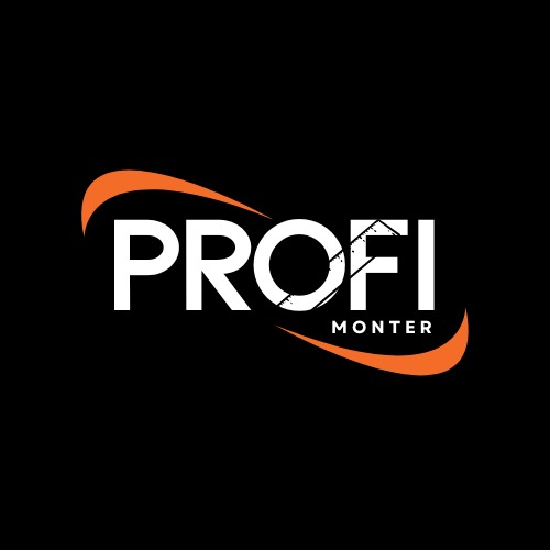 Logo firmy 'Profi Monter' z białym napisem na czarnym tle, z pomarańczowymi elementami graficznymi nad i pod napisem.