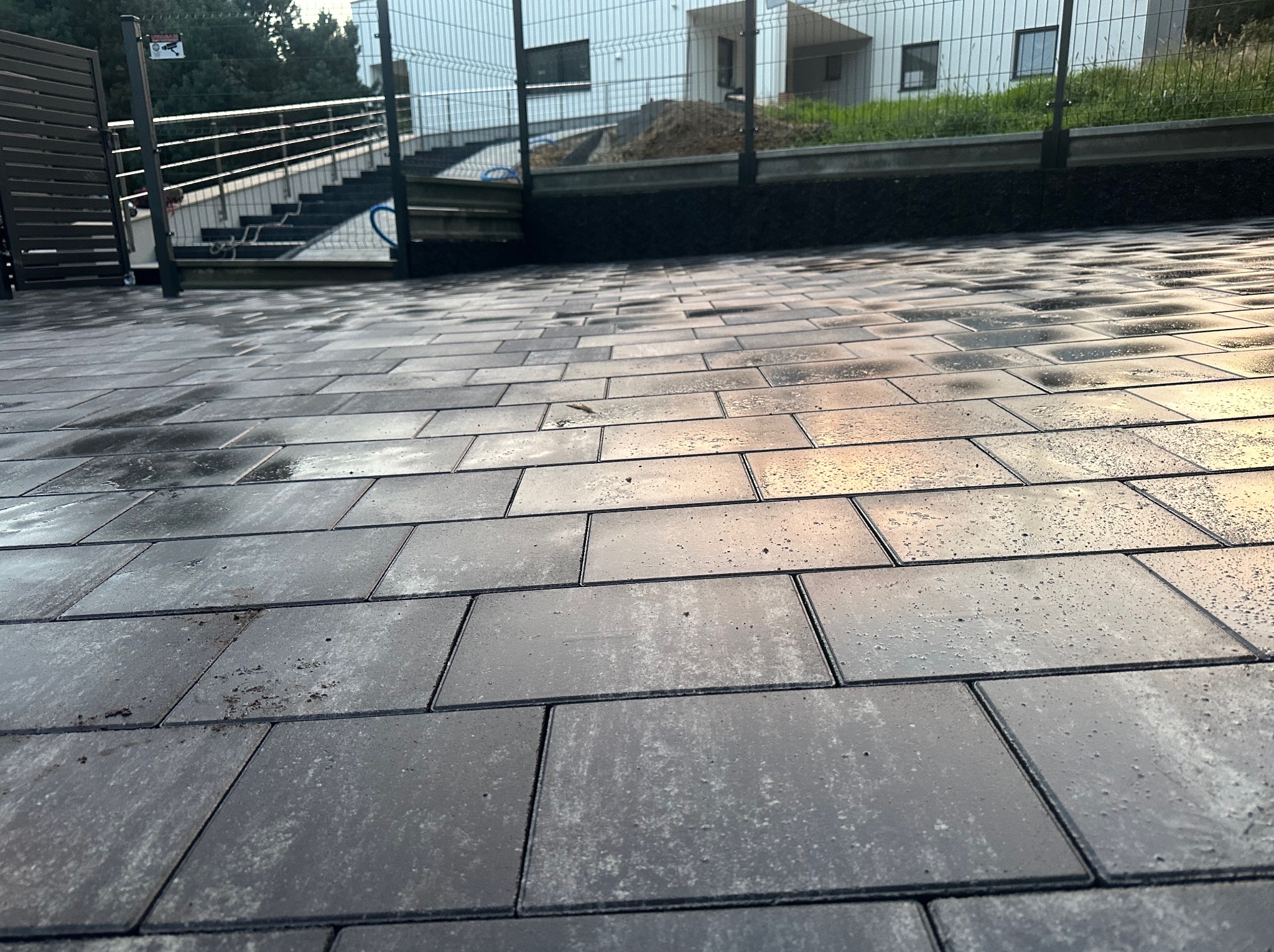 Świeżo ułożona, wilgotna kostka brukowa w odcieniach szarości, z widocznymi kroplami wody, prowadząca do schodów i nowoczesnego domu z szarym ogrodzeniem panelowym.