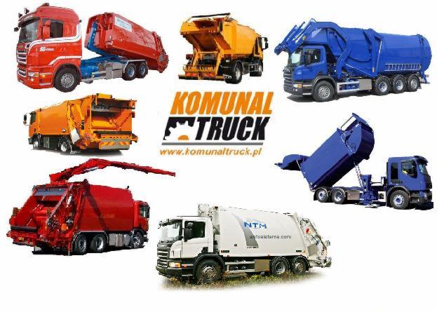 Zestawienie różnych modeli śmieciarek i pojazdów komunalnych w kolorach czerwonym, pomarańczowym, żółtym i niebieskim na białym tle, z logo 'KOMUNAL TRUCK' pośrodku.
