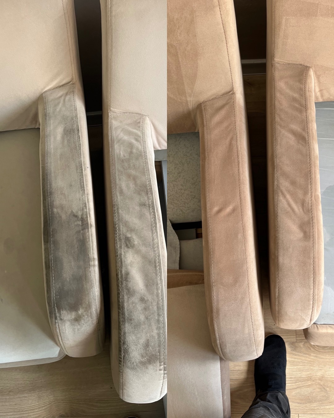 Porównanie: ramię beżowej kanapy przed i po czyszczeniu, widoczne wyraźne usunięcie zabrudzeń, minimalny ślad stopy w prawym dolnym rogu.