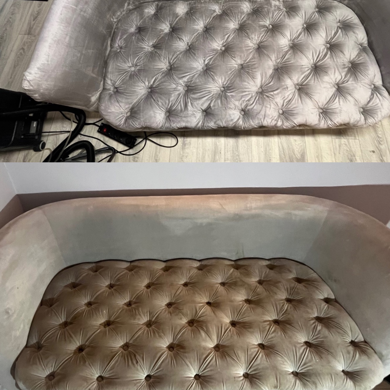 Porównanie: górna część zdjęcia przedstawia jasnoszarą kanapę z pikowaniem typu chesterfield po czyszczeniu, widoczny odkurzacz piorący obok; dolna część pokazuje tę samą kanapę przed czyszczeniem,...