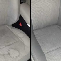 Kamil Pasierbiewicz Twins - Porównanie fotela samochodowego przed i po czyszczeniu, widoczne plamy i zabrudzenia na lewym panelu oraz czysta tapicerka po prawej stronie.