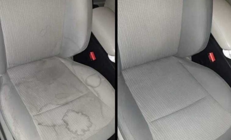 Porównanie fotela samochodowego przed i po czyszczeniu, widoczne plamy i zabrudzenia na lewym panelu oraz czysta tapicerka po prawej stronie.