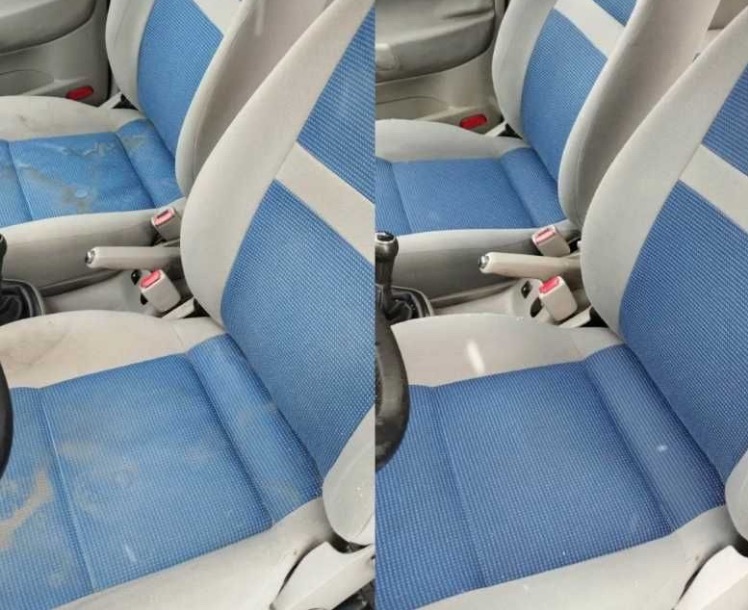 Porównanie: fotel samochodowy z niebieską tapicerką przed i po czyszczeniu, widoczne plamy i zabrudzenia po lewej stronie oraz czysty, odświeżony materiał po prawej.