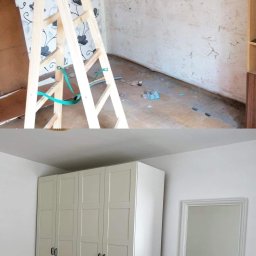 Karol Bal - Remont pokoju: ściana z tapetą w kwiaty i przygotowana do szpachlowania, drewniana drabina, na dole szafa wnękowa i lustro.
