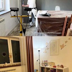 Karol Bal - Mężczyzna maluje szarą ścianę wałkiem na długim uchwycie, widoczne zabezpieczone meble folią i lampa halogenowa, w dolnej części pokój dziecięcy z meblami i dekoracjami.
