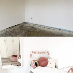 Pokój dziecięcy przed i po remoncie: surowe ściany i podłoga w stanie deweloperskim na górze, na dole odnowione wnętrze z białym łóżeczkiem, okrągłym dywanem i pastelowymi dekoracjami.