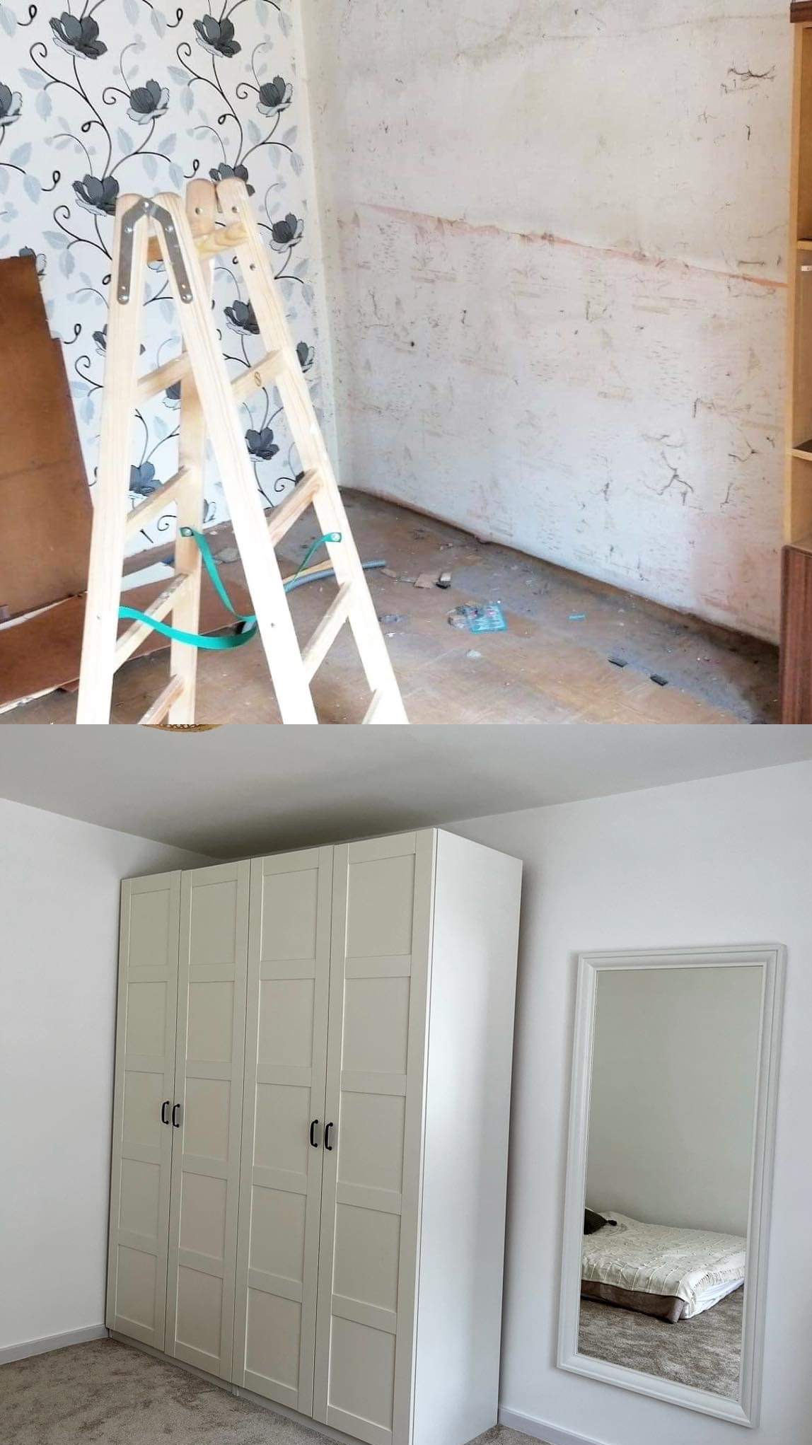 Remont pokoju: ściana z tapetą w kwiaty i przygotowana do szpachlowania, drewniana drabina, na dole szafa wnękowa i lustro.