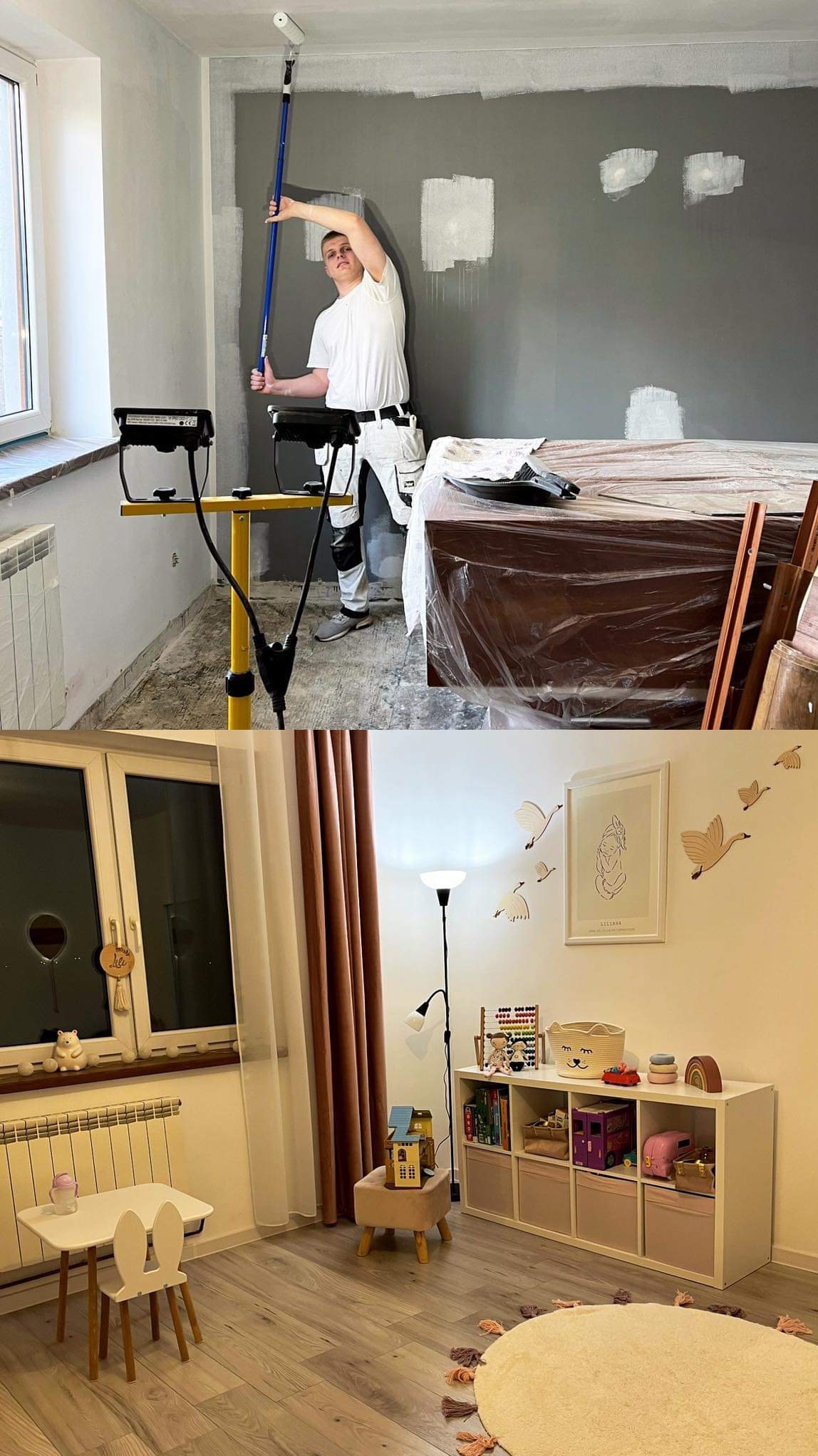 Mężczyzna maluje szarą ścianę wałkiem na długim uchwycie, widoczne zabezpieczone meble folią i lampa halogenowa, w dolnej części pokój dziecięcy z meblami i dekoracjami.
