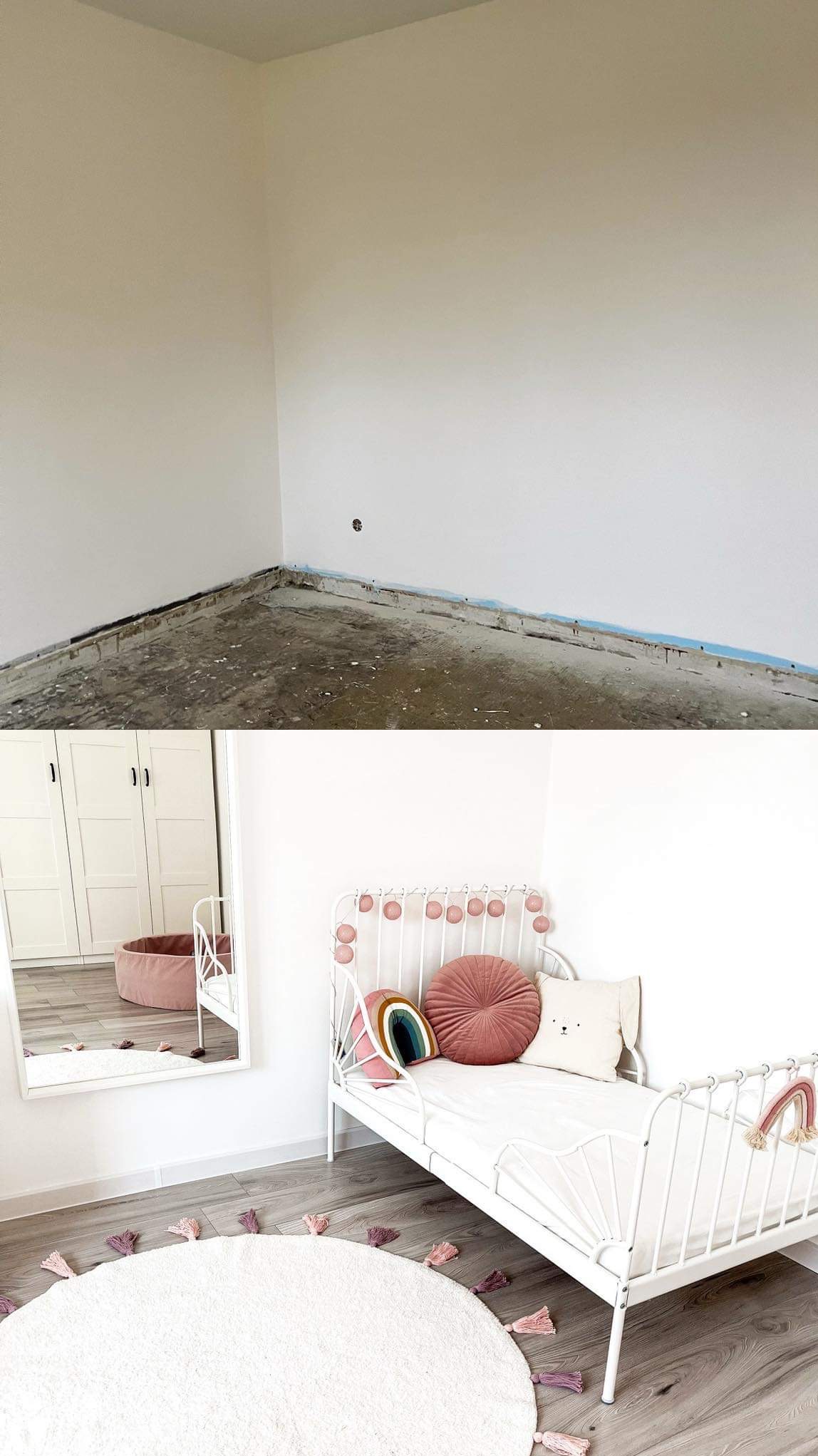 Pokój dziecięcy przed i po remoncie: surowe ściany i podłoga w stanie deweloperskim na górze, na dole odnowione wnętrze z białym łóżeczkiem, okrągłym dywanem i pastelowymi dekoracjami.
