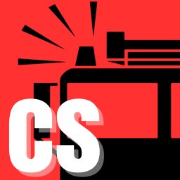 Agata Łukasik - Abstrakcyjna grafika logotypu z sylwetką wozu strażackiego na czerwonym tle, z białym napisem 'CS' na pierwszym planie.