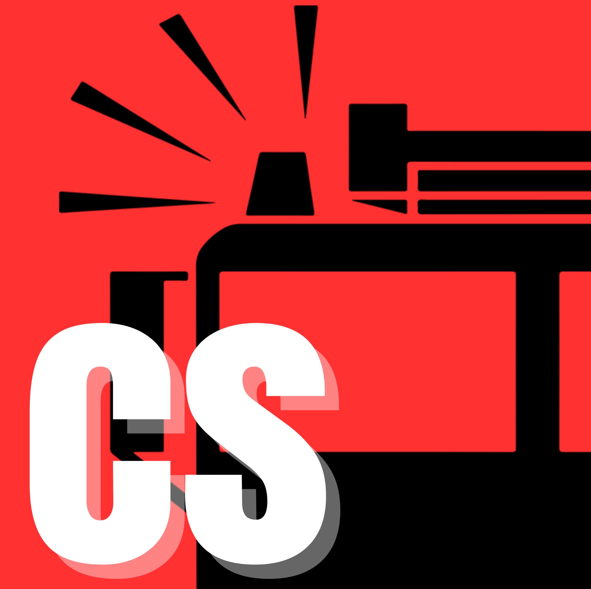 Abstrakcyjna grafika logotypu z sylwetką wozu strażackiego na czerwonym tle, z białym napisem 'CS' na pierwszym planie.