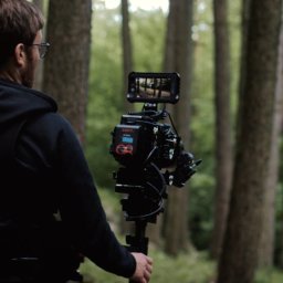 HOLE SP. Z O. O. - Operator kamery z profesjonalnym sprzętem filmuje biegacza w lesie, widok zza pleców operatora.