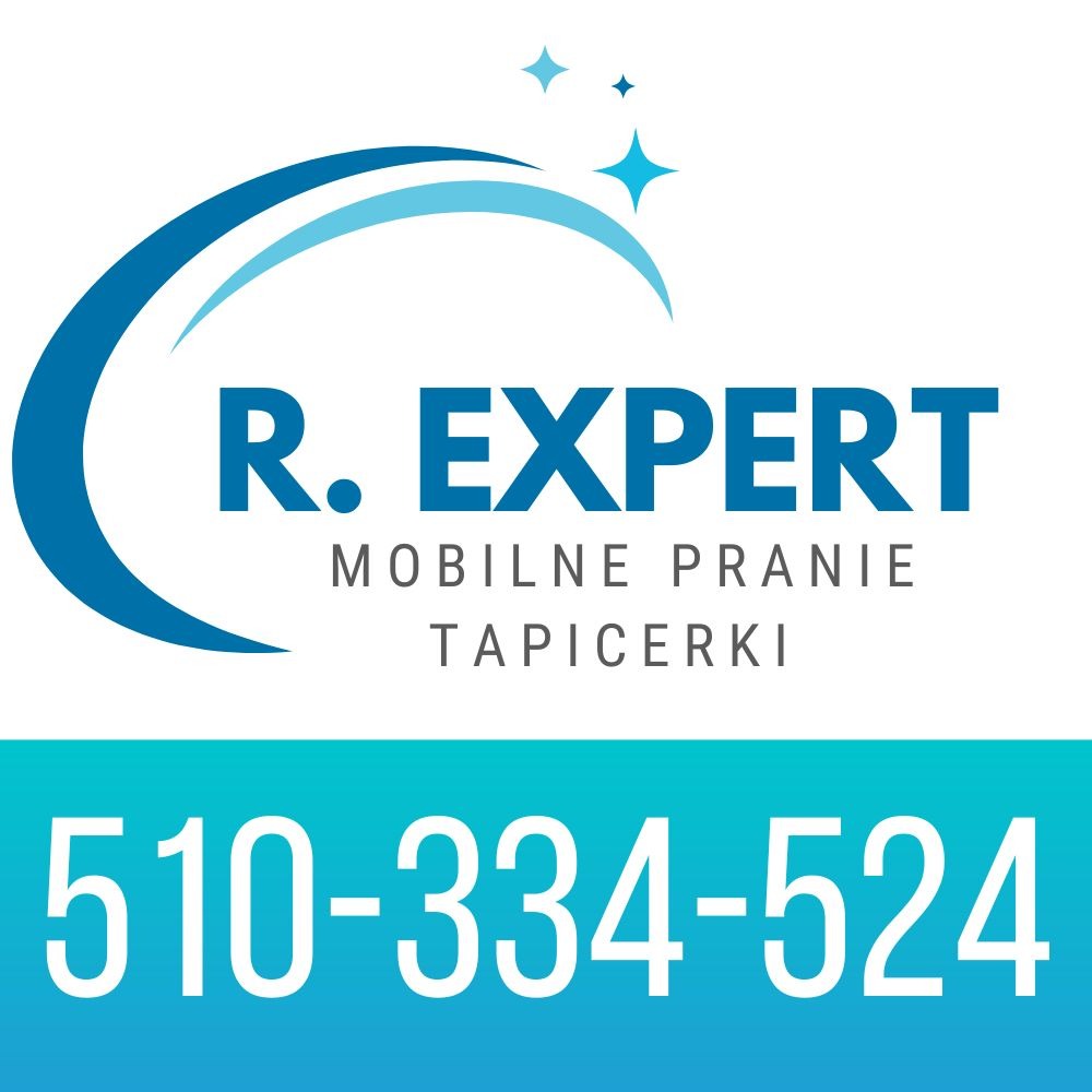 Logo firmy R. Expert oferującej mobilne pranie tapicerki, z numerem telefonu na jasnoniebieskim tle.