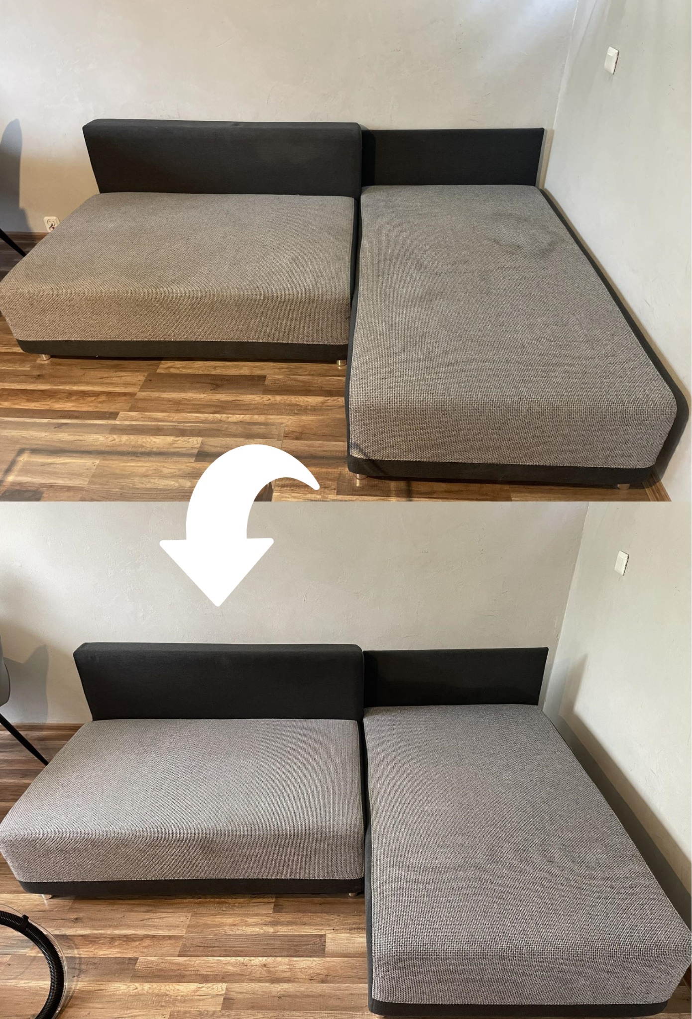 Dwuetapowe ujęcie narożnika: widoczna różnica w czystości tapicerki przed i po zabiegu, z wyraźną strzałką wskazującą na efekt odświeżenia.