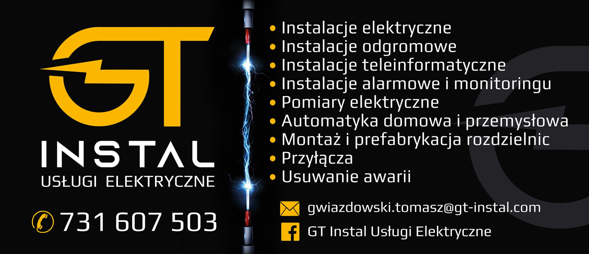 Grafika reklamowa firmy GT Instal Usługi Elektryczne z żółtym logo, numerem telefonu i adresem e-mail na czarnym tle, prezentująca listę świadczonych usług elektrycznych oraz symbolizujący...