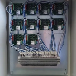 Rozdzielnica elektryczna wewnątrz metalowej obudowy z zamontowanymi modułami sterującymi i podłączonymi przewodami oznaczonymi etykietami.