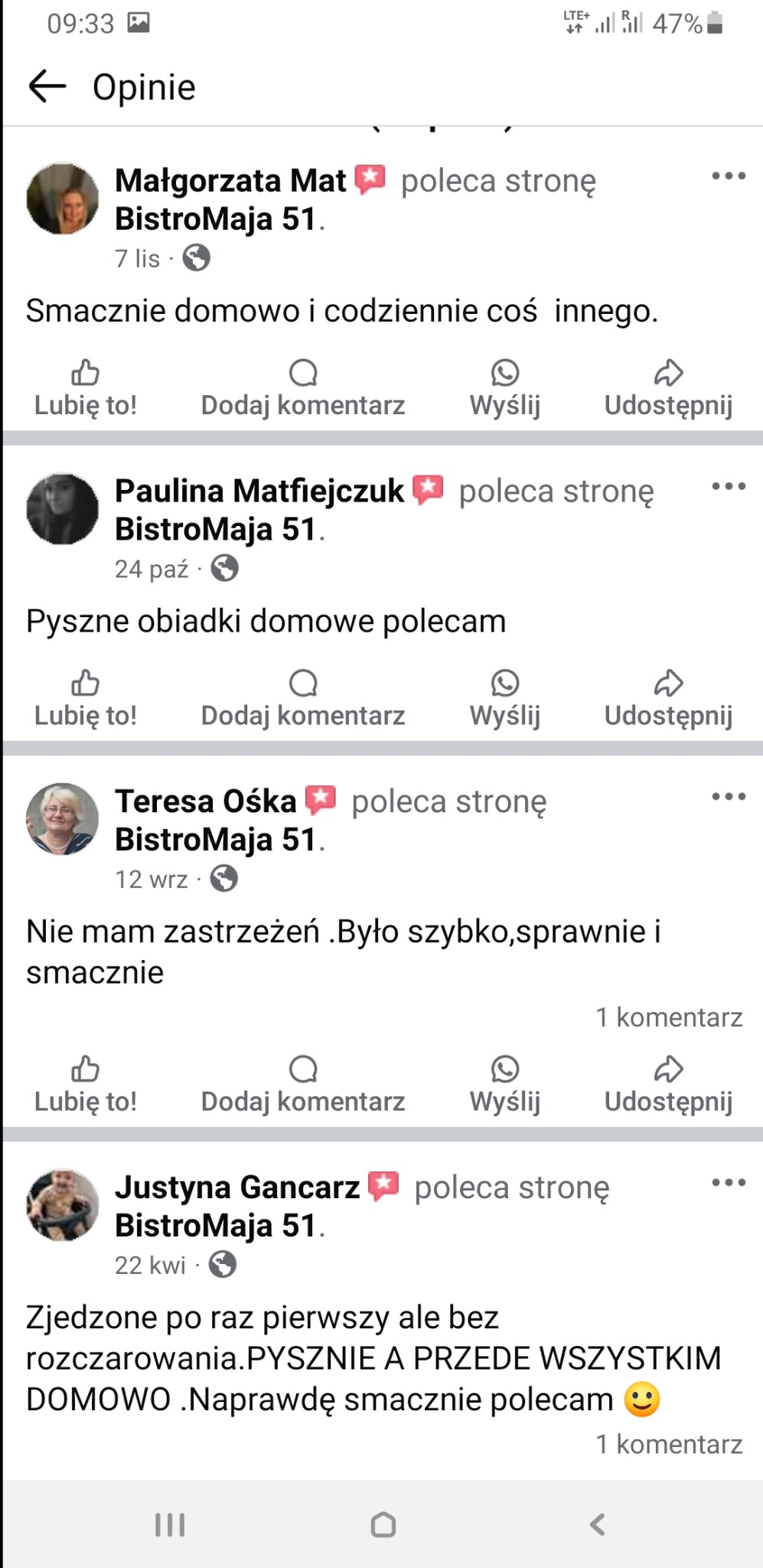 Zrzut ekranu z opiniami klientów o BistroMaja 51, chwalących domowe i smaczne jedzenie, szybkość i sprawność obsługi.