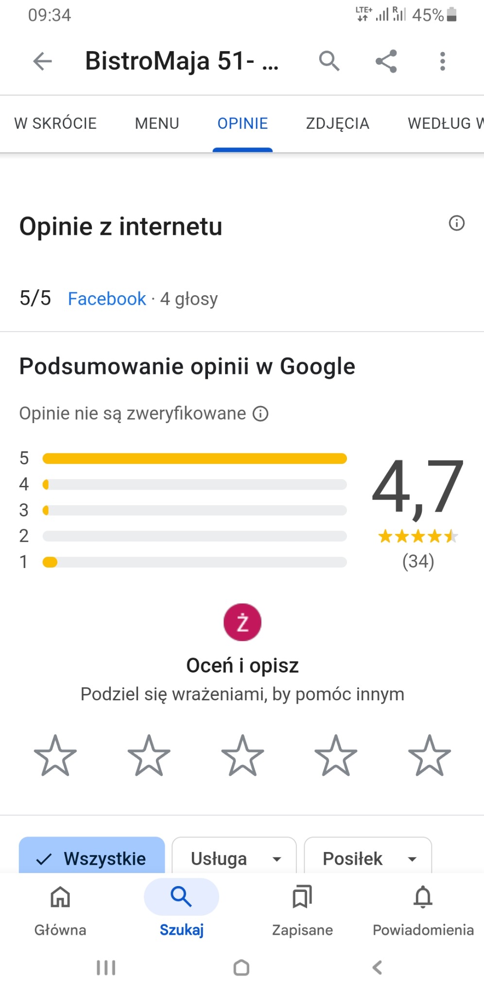Ekran telefonu z podsumowaniem opinii w Google dla BistroMaja 51, ocena 4.7 na 5 gwiazdek.