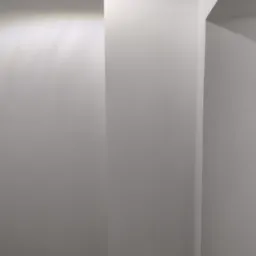 Minimalistyczne wnętrze: gładkie, białe ściany z subtelnym oświetleniem punktowym i geometrycznymi załamaniami, tworzące wrażenie czystości i nowoczesności.