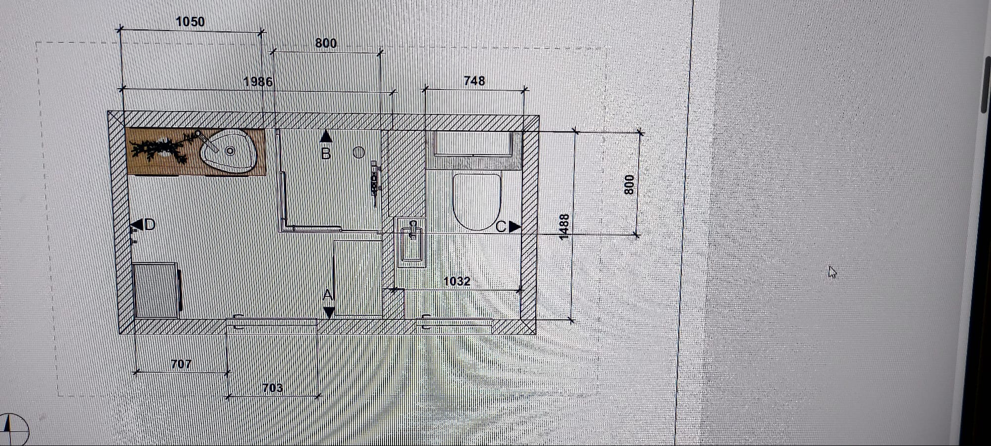 Plan łazienki z wymiarami, widok z góry. Rzut architektoniczny z umywalką, toaletą, prysznicem i wanną. Widoczne oznaczenia literowe A, B, C, D.